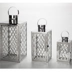 Modern Polished Lattice Metal Lantern Collection with Hinged Door and Top Loop Handle