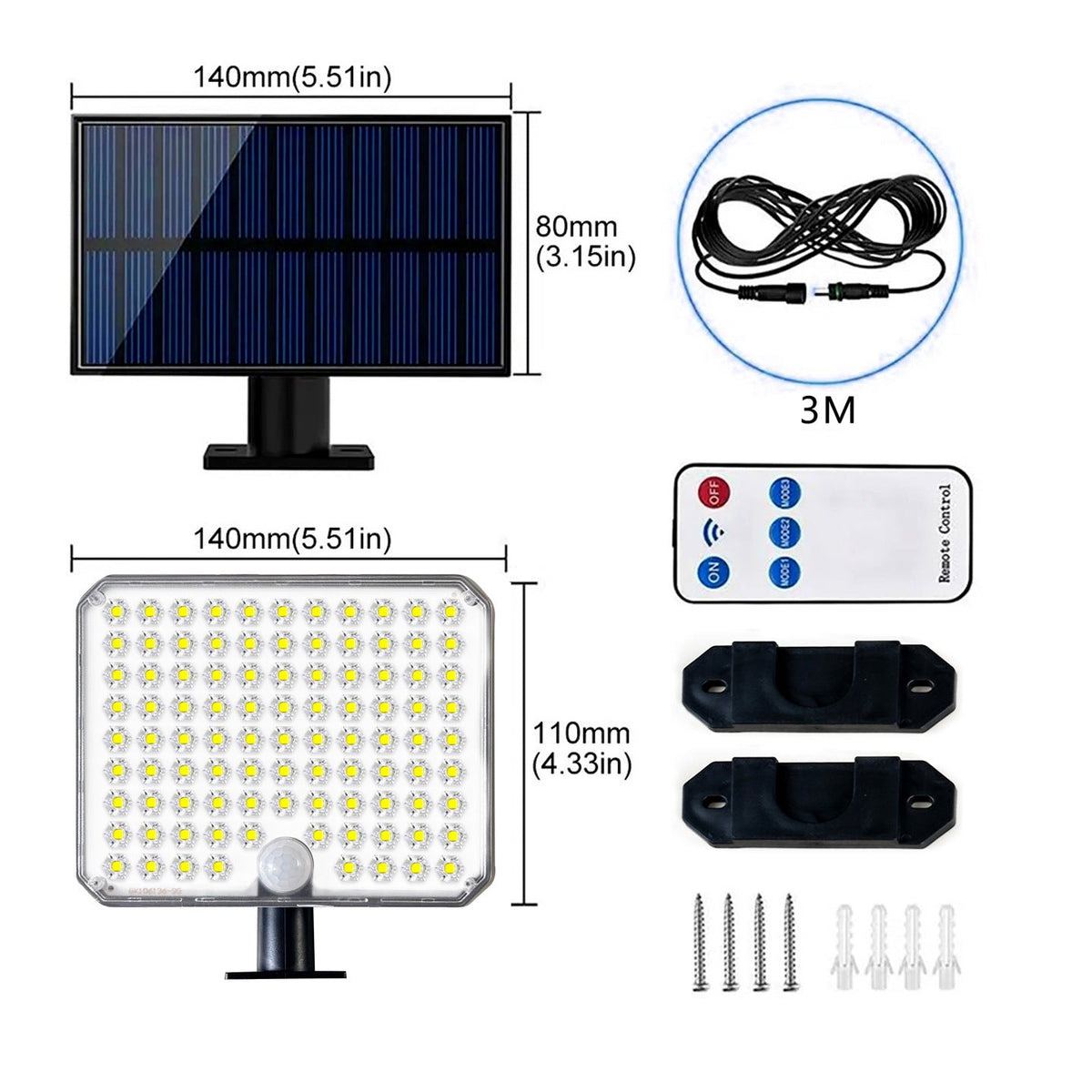 Solar PIR Motion Sensor LED Outdoor Floodlight Panel with Remote and Mounting Brackets