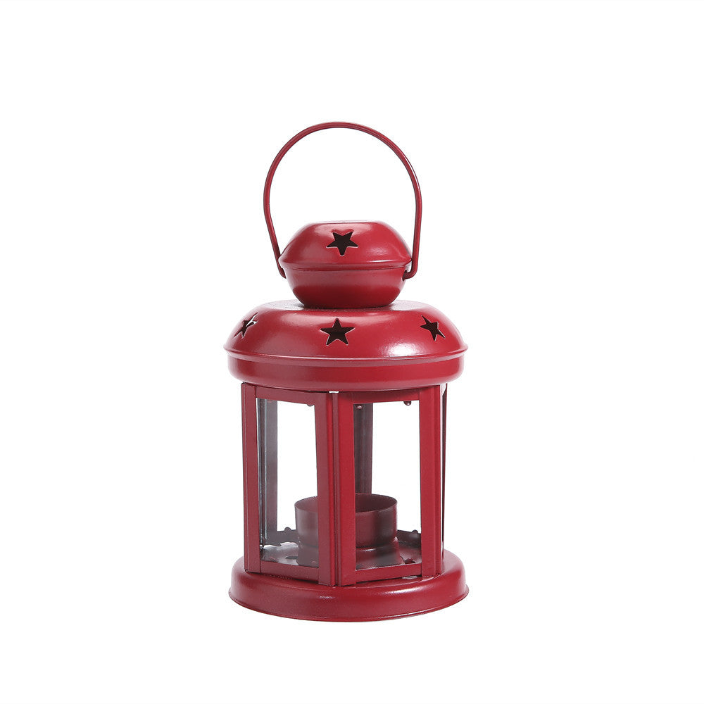 Hexagonal Glass-Paneled Metal Tealight Lantern with Star Vent Cutouts