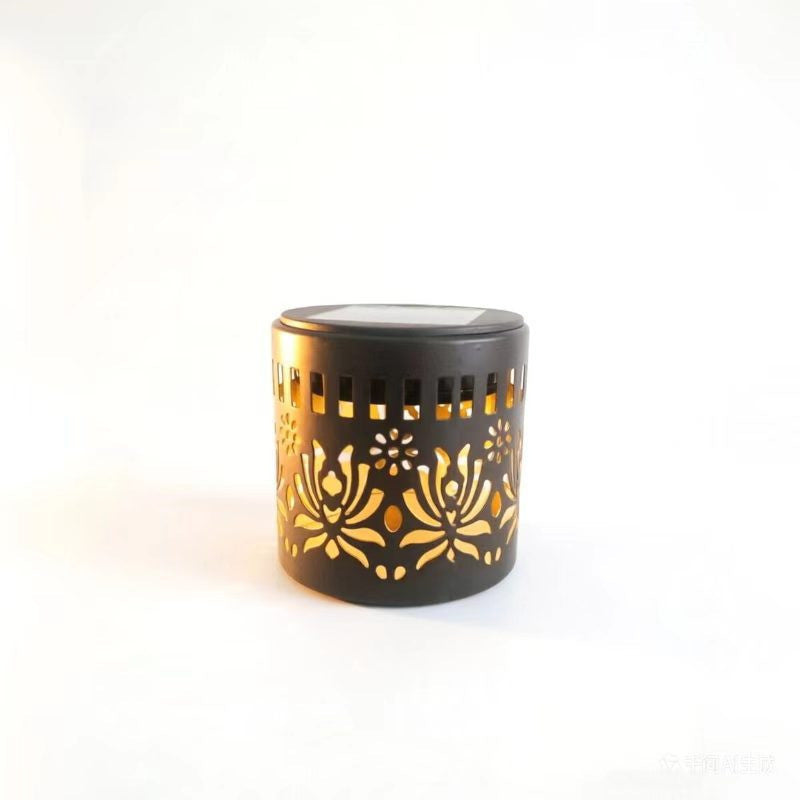 Decorative Solar-Powered Metal Lantern With Geometric Cutout And Warm LED Candle Effect