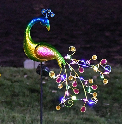 Decorative Metal Peacock Garden Stake Sculpture With Integrated LED Fairy Lights And Weatherproof Outdoor Stake