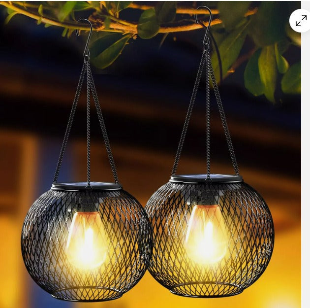 Solar Hanging Outdoor Lanterns With Vintage-Style LED Filament Bulb And Metal Cage Waterproof Suspension