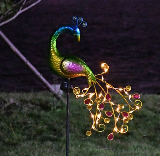 Decorative Metal Peacock Garden Stake Sculpture With Integrated LED Fairy Lights And Weatherproof Outdoor Stake