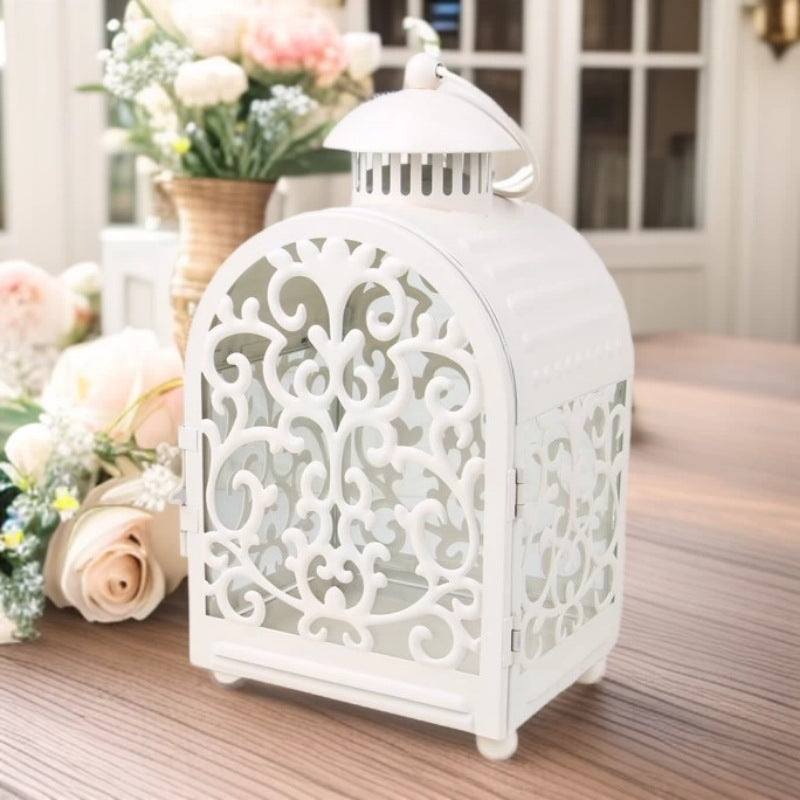 Decorative Vintage Filigree Metal and Glass Candle Lantern with Hinged Door and Carry Handle