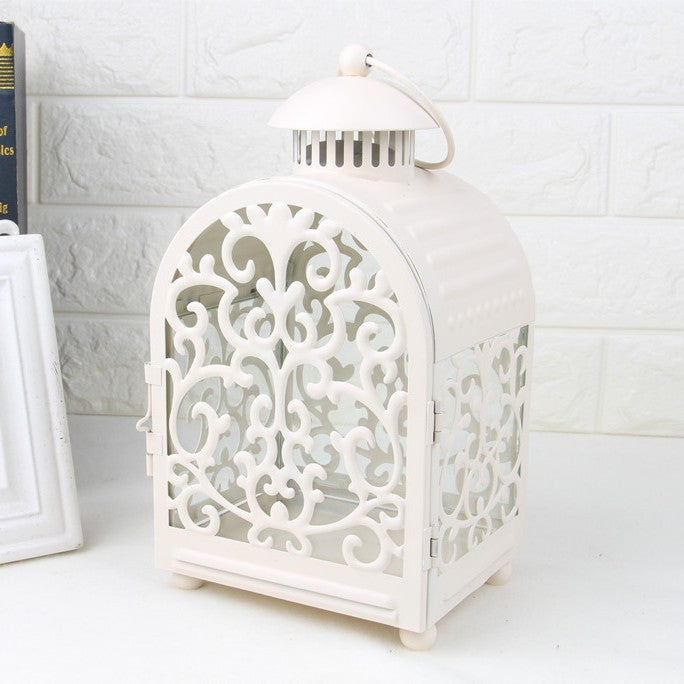 Decorative Vintage Filigree Metal and Glass Candle Lantern with Hinged Door and Carry Handle