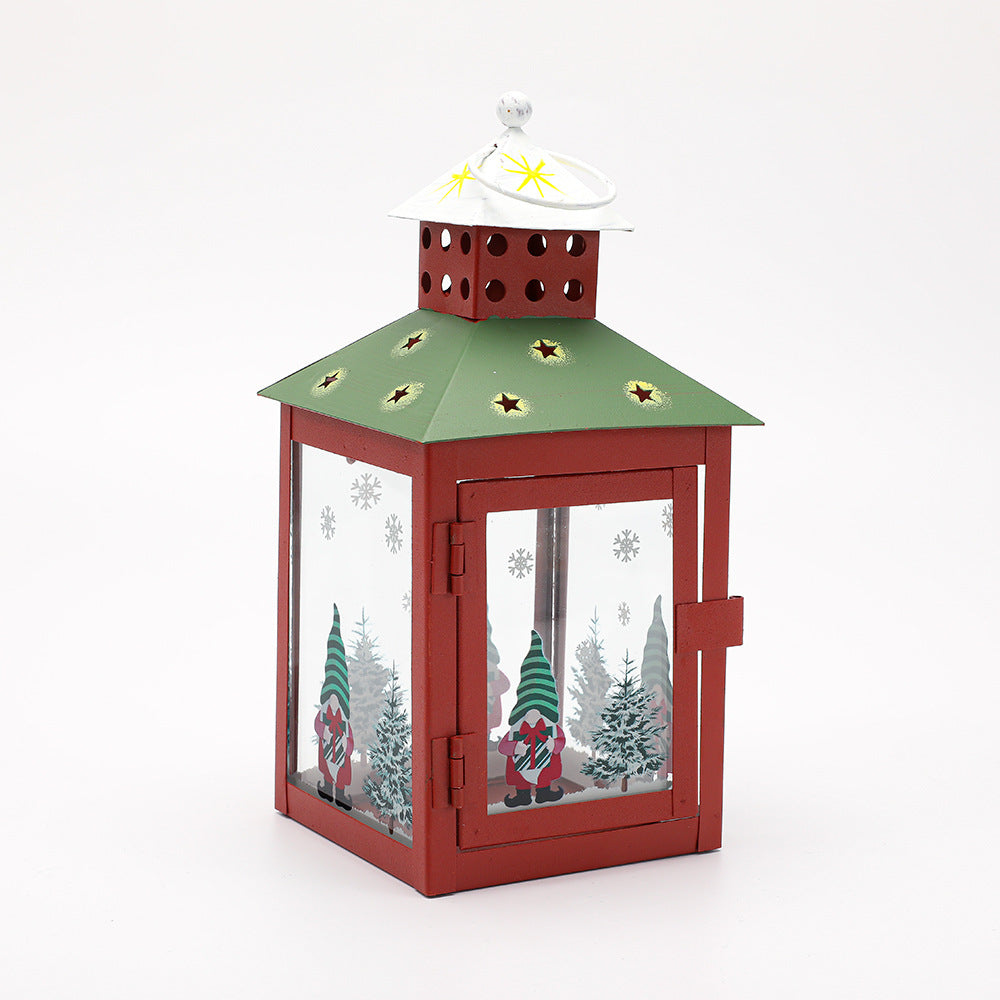 Decorative Holiday Tea Light Lantern with Glass Pane Gnome & Pine Motif