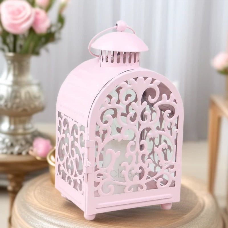 Decorative Vintage Filigree Metal and Glass Candle Lantern with Hinged Door and Carry Handle