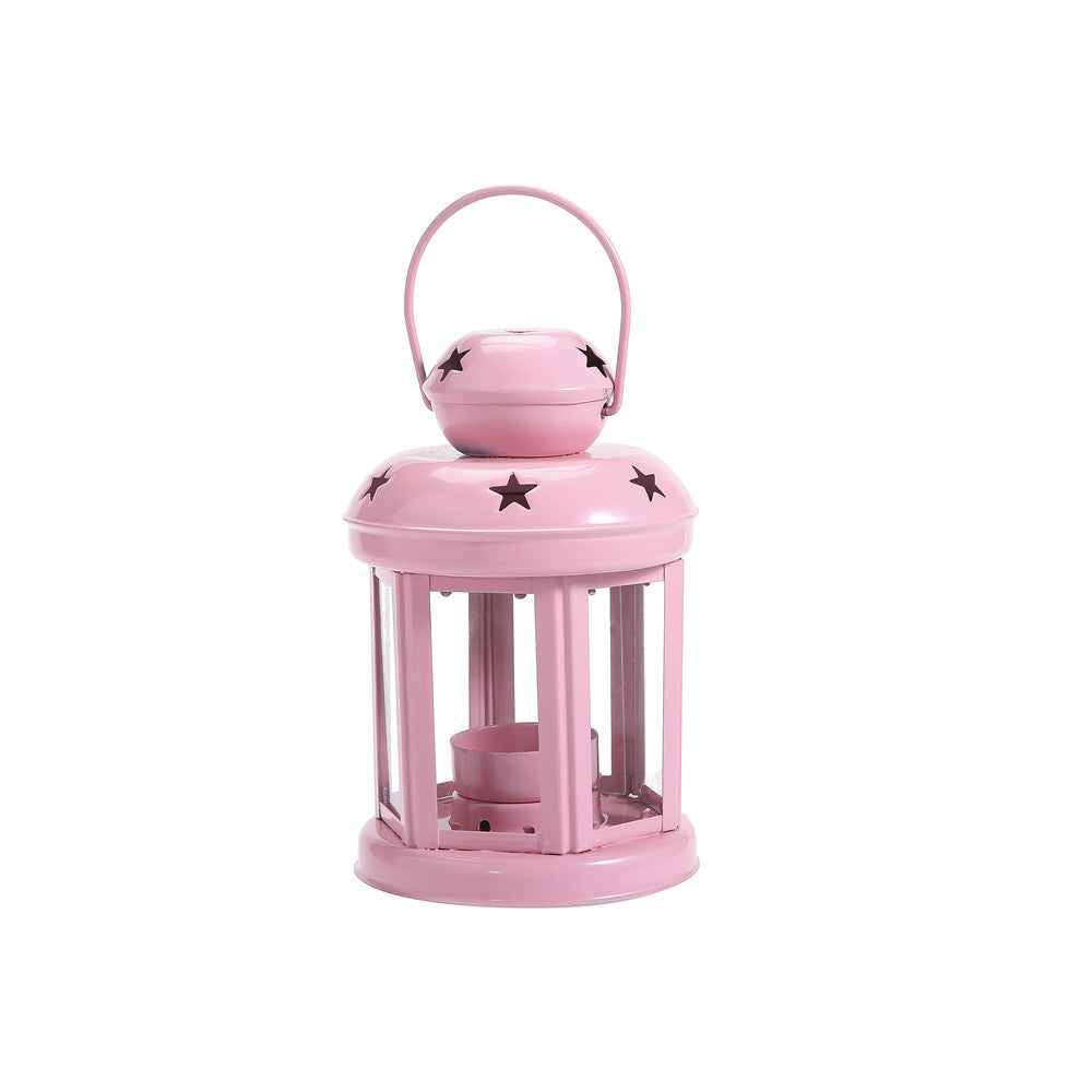 Hexagonal Glass-Paneled Metal Tealight Lantern with Star Vent Cutouts