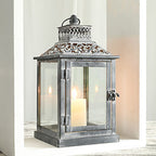 Ornate Distressed Wooden and Metal Glass-Paneled Decorative Lantern