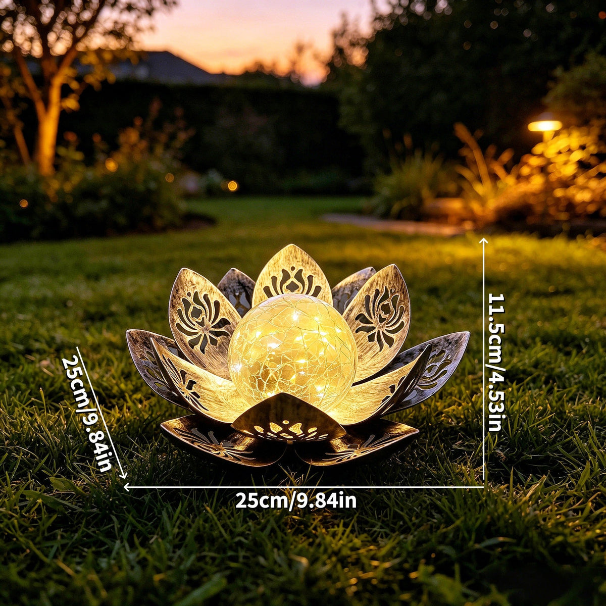 Decorative lotus solar garden light with antique metal petals and cracked glass globe