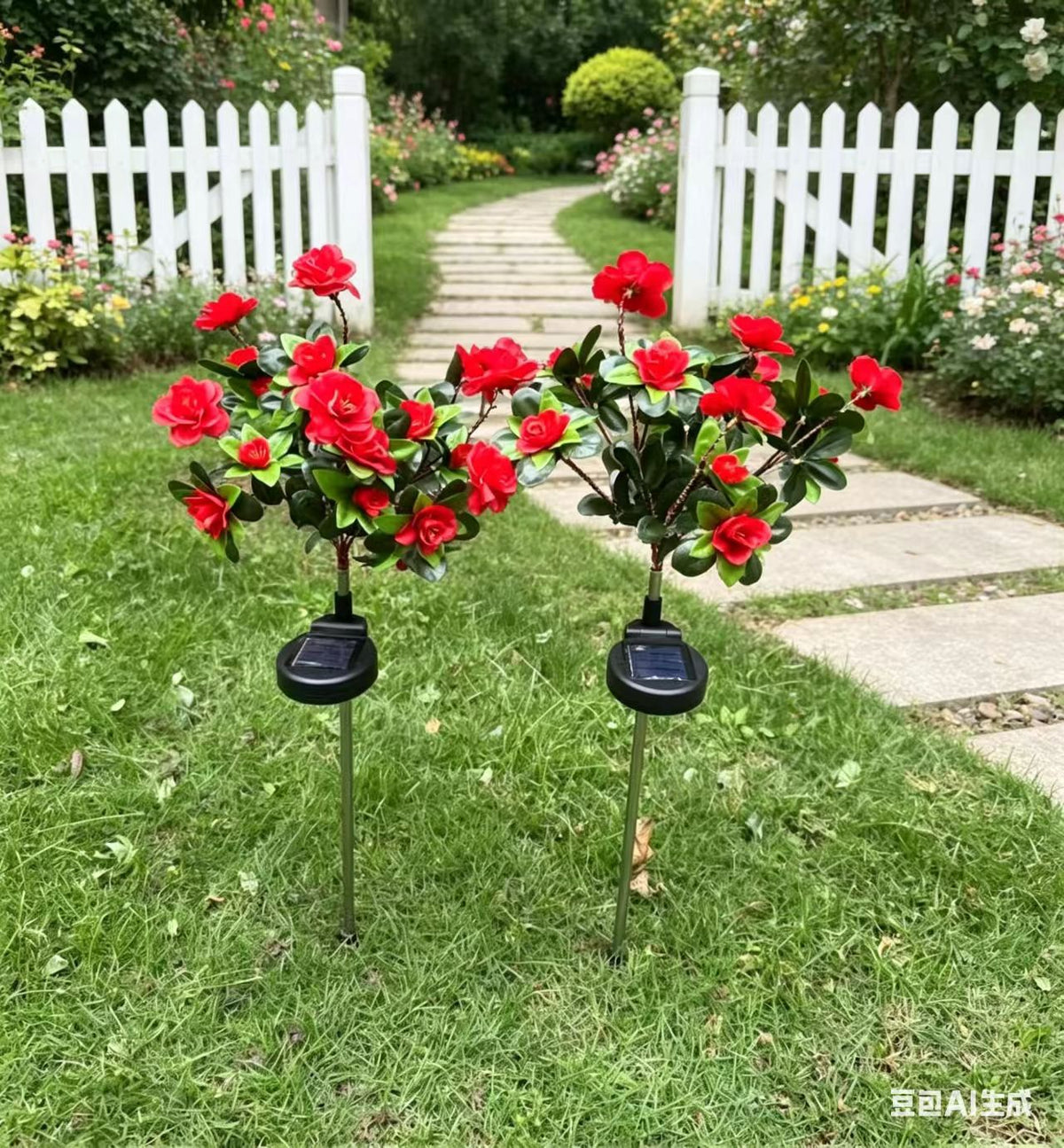 Solar-Powered Realistic Camellia Floral Garden Stake Lights With Adjustable LED Heads And Stainless Steel Spike