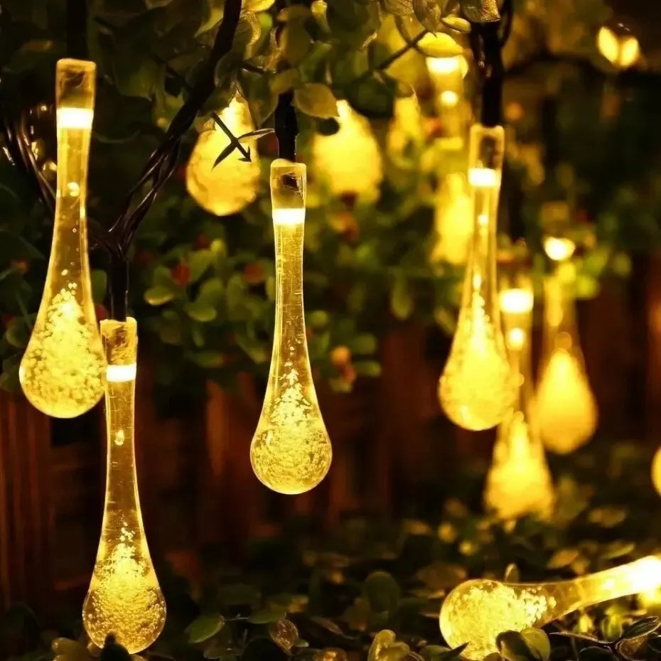 Solar-powered dew drop string lights for garden, waterproof LED decorative lighting for outdoor areas |