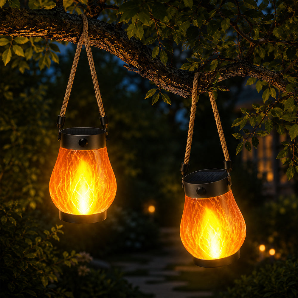 Solar Lantern Ø12 cm with Flame Effect Light and Hemp Rope |