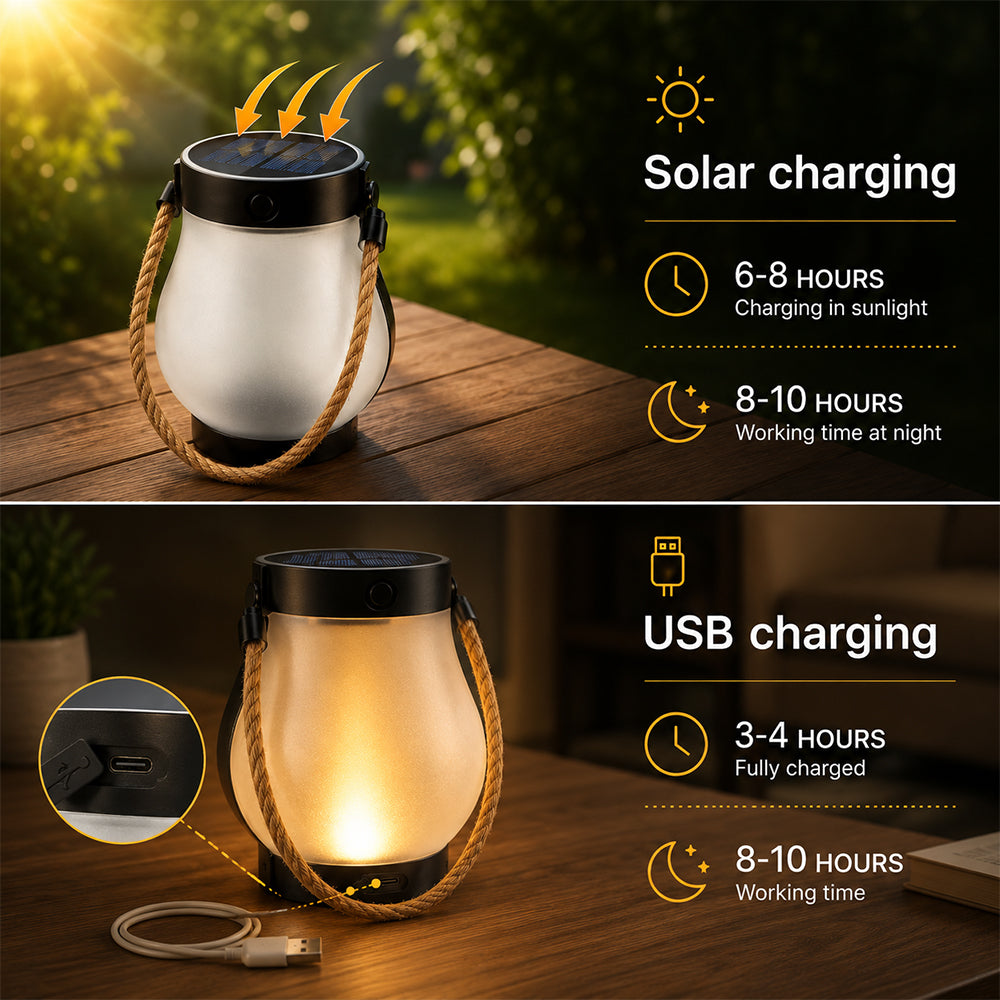 Solar Lantern Ø12 cm with Flame Effect Light and Hemp Rope |