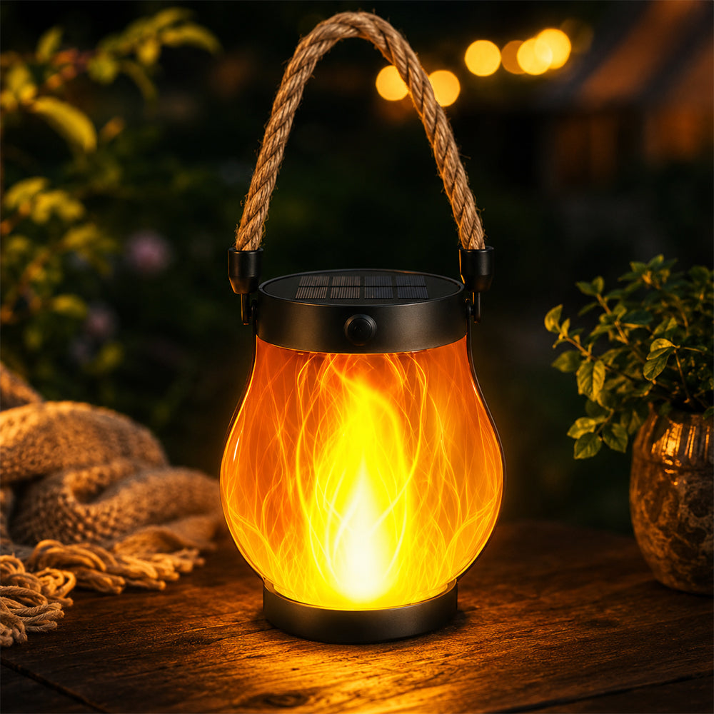 Solar Lantern Ø12 cm with Flame Effect Light and Hemp Rope |